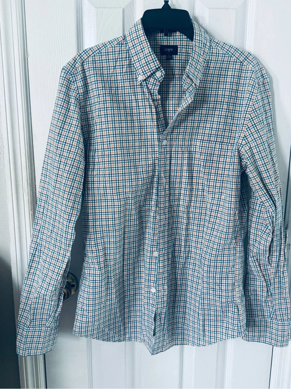 J. Crew Men's Teal and Orange Check Button-Up Shirt